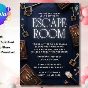 Escape Room Invitation, Mystery Birthday Party, Escape Room Party, Escape Room Invites, Escape Room Birthday Invitation, Editable Canva