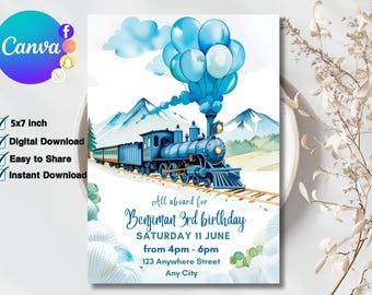 Editable Train Birthday Invitation Template, Toy Train Invitation for any age, Train Birthday Invitation, instant download canva template