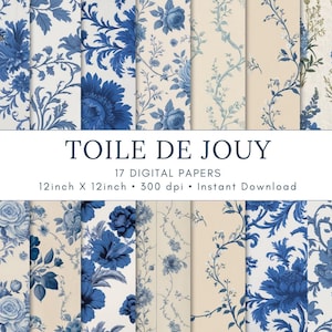 Toile de Jouy Seamless Pattern Vintage Floral Digital Paper Blue Floral Junk Journal Paper Chinoiserie Pattern French Toile Floral Pattern