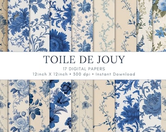 Toile de Jouy Jednolity wzór Vintage kwiatowy papier cyfrowy Niebieski kwiatowy śmieciowy papier dziennikowy Chinoiserie Wzór Francuski Toile kwiatowy wzór