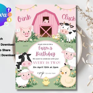 Farm Birthday Invitation, Farm Animals Party Invites, Ranch Kids Birthday Invitation, Barnyard Animals, 5x7 Canva