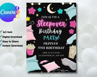 Sleepover Birthday Invitation, Printable Sleepover Invite, Slumber Party, Pajama Party, Retro Neon Light Editable Template, Instant Download