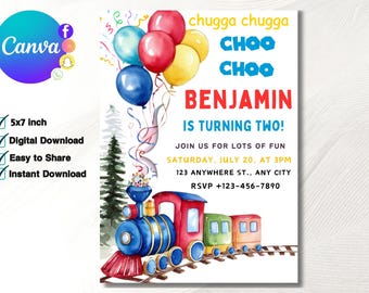 Editable Train Birthday Invitation Template, Toy Train Invitation for any age, Train Birthday Invitation, instant download canva template