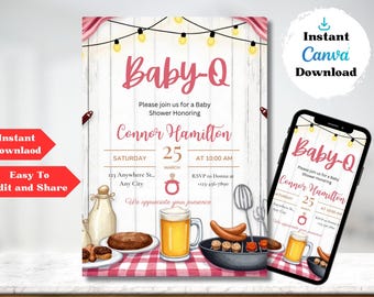 Bearbeitbare Baby-Q Babypartyeinladungsvorlage, Backyard Paare Baby Sprinkle Babypartyeinladung, Grilleinladung
