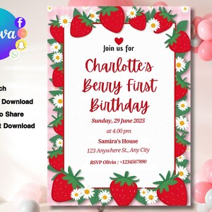 Berry First Birthday Invitation Template, Berry First Birthday Invitation, Berry First Birthday Invitation, Canva Editable