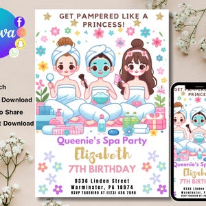 Spa Party Birthday Invitation, Spa Party Invite, Editable Pamper Party Invite Template, Tween Manicure & Pedicures Birthday,Glitz Glam Girls