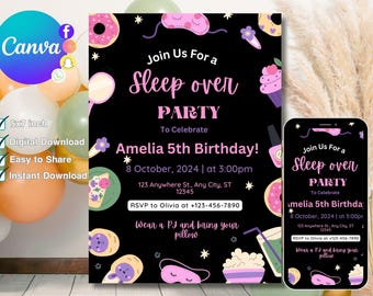 Sleepover Birthday Invitation, Printable Sleepover Invite, Slumber Party, Pajama Party, Retro Neon Light Editable Template, Instant Download