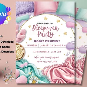May include: A 5x7 inch printable invitation for a sleepover party. The invitation features a pink and blue color scheme with illustrations of pillows, blankets, and eye masks. The text on the invitation reads "Sleepover Party" and "Adeline's 6th Birthday".