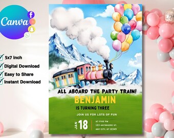 Editable Train Birthday Invitation Template, Toy Train Invitation for any age, Train Birthday Invitation, instant download canva template