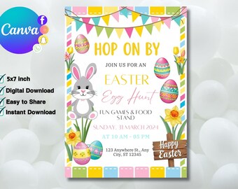 Invitation chasse aux œufs de Pâques, invitation lapin de Pâques, invitation fête de Pâques, modèle de toile éditable