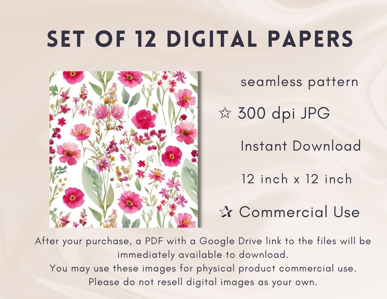 Pink Watercolor Floral Printable Paper Seamless JPG Shabby Chic Digital ...