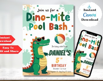 Editable Dinosaur Pool Party 5th Birthday Invitation Dino-Mite Summer Splish Splash Dino T-Rex Evite Boys Dinosaur Pool Party Digital Invite