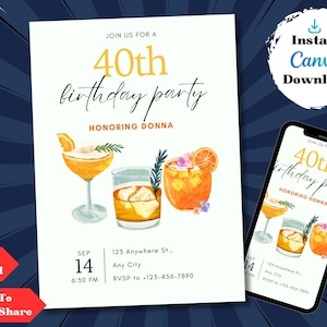 40th Birthday Invitation, 40th Invite Template, 40th Birthday Party, 40th Birthday Card, 40 Birthday Template Digital, Cocktail Invite