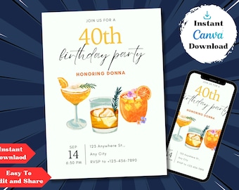 40. Geburtstagseinladung, 40. Geburtstag einladen, 40. Geburtstagskarte, 40. Geburtstag Vorlage Digital, Cocktail einladen
