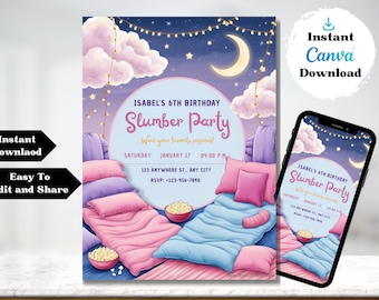 Sleepover Birthday Invitation, Printable Sleepover Invite, Slumber Party, Pajama Party, Retro Neon Light Editable Template, Instant Download