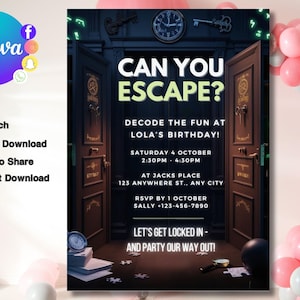 Escape Room Invitation, Mystery Birthday Party, Escape Room Party, Escape Room Invites, Escape Room Birthday Invitation, Editable Canva