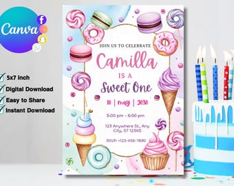 Editable Sweet One Birthday Invitation, Candy Land Birthday Invitation, Donut Birthday Invite, Sweet Candy Birthday Invitation, Canva