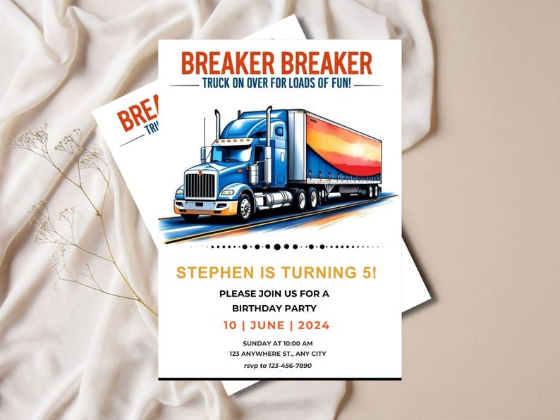 Editable Semi Blue Truck Birthday Party Invitation Template, Big Rig ...