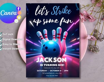 Editable Bowling Birthday Invitation Template, Printable Strike Up Some Fun Birthday Party Invitations, Digital Boy Bday Party Invite Card