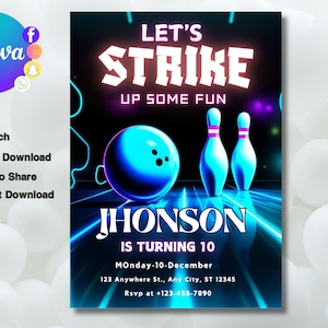 EDITABLE Bowling Party Invitation, Editable Bowling Birthday Invitation, Kids Bowling Invitation, Let&#39;s Strike Up Some Fun, 5x7 Canva