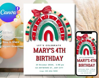 Rainbow Birthday Invitation, clouds and Rainbow Birthday Invitation Template printable, Magic rainbow invitation digitally editable in canva