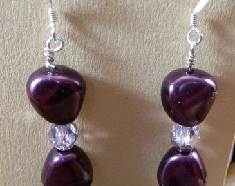 Earrings of Czech pearlized nuggets & faceted crystal in plum