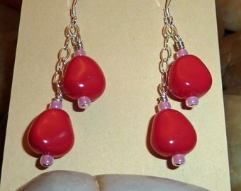 Earrings of dual Czech pearlized nuggets in red