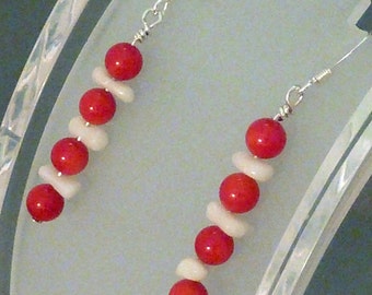 Earrings coral red rounds and white sticks pierced