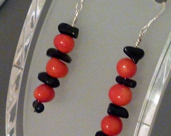 Earrings coral red nuggets and black sticks pierced