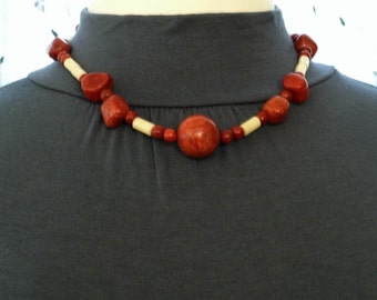 Coral necklace made with red sponge coral and white coral, 19 inches long