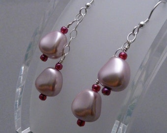 Earrings of dual Czech pearlized nuggets in pink pastel