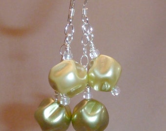 Earrings of dual Czech pearlized nuggets in olive green