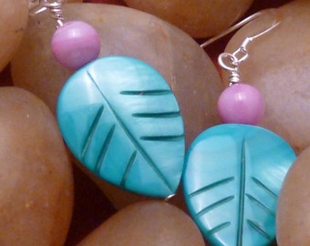 Earrings mother of pearl aqua leaf purple pierced