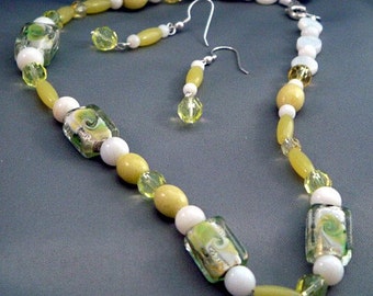Lemon-Lime Lampwork, Jade and Czech Necklace and Earring Set