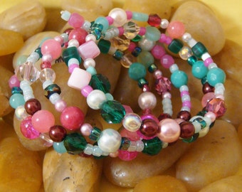 Bracelet, pink and aqua, glass beads, memory wire, regular