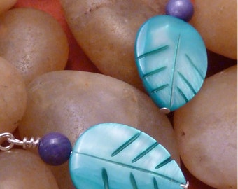 Earrings mother of pearl aqua leaf indigo blue round pierced