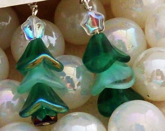 Earrings, Christmas trees made of green bellflowers with a crystal star on top and bronze rondelle bottom