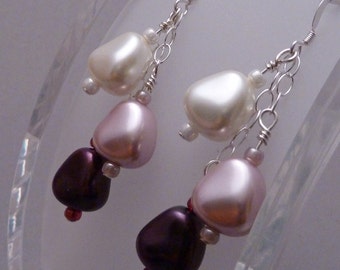 Earrings of 3 Czech pearlized nuggets in white pink plum