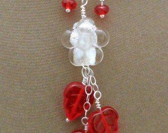 Pendant necklace & earrings of red leaves, white foil flowers, SS chain