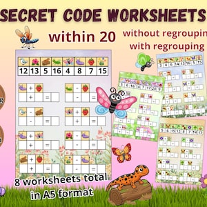 May include: Secret Code Worksheets within 20, featuring addition and subtraction problems with and without regrouping. The set includes 8 worksheets in A5 format, decorated with colorful illustrations of insects, flowers, and berries on a light background.