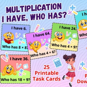 Op de afbeelding: Een set van 25 printbare taakkaarten getiteld Multiplication I Have, Who Has? met kleurrijke vierkanten, emoji's, wiskundige vergelijkingen en illustraties van kleurpotloden en rekenmachines. Inclusief PDF-download en stripfiguren.