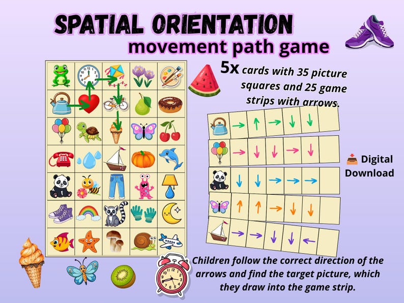 Pu&ograve; includere: Un colorato gioco educativo con il testo "SPATIAL ORIENTATION movement path game". Il gioco include una griglia di immagini, frecce direzionali e strisce di gioco. &Egrave; presente anche il testo "Digital Download". Un paio di scarpe da ginnastica viola si trova nell'angolo in alto a destra.