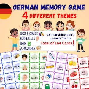 Pode incluir: Um jogo de memória em alemão com 144 cartas divididas em 4 temas: frutas e vegetais, partes do corpo, animais e material escolar. As cartas exibem ilustrações coloridas acompanhadas de vocabulário em alemão e desenhos de crianças.