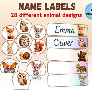 May include: A digital download sheet of name labels featuring 28 different animal designs. The labels include circular and rectangular shapes with illustrations of an owl, fox, mouse, hedgehog, squirrel, snail, butterfly, bear, and turtle.