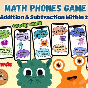 Peut inclure: Un jeu de mathématiques sur téléphone pour l'addition et la soustraction jusqu'à 20, comprenant 21 cartes. Les cartes montrent des monstres colorés et des bulles avec du texte comme I have number et Who has more or less. Icône PDF incluse.