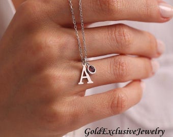 Sterling Silver Personalized Letter Necklace, Birthstone Jewelry, Initial Birthstone Necklace for Her, Gift for Mom, Birthday Gift