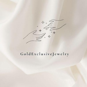 May include: A minimalist line drawing of two hands reaching towards each other with stars and dots in between. The text "GoldExclusiveJewelry" is below the drawing.
