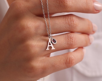 Sterling Silver Personalized Letter Necklace, Dainty Gemstone Letter Necklace, Personalized Memorial Gift for Mothers Day, Letter Charm