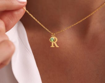 Initial and Birthstone Personalized Necklace, Custom Initial Birthstone Charm Necklace, Gold Letter Jewelry, Gift for Her, Christmas Gift
