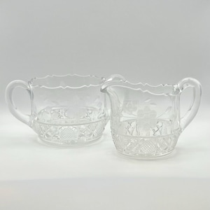 Antique Sugar and Creamer, McKee Innovation, Early American Pressed Glass, Wheel Cut Floral Design